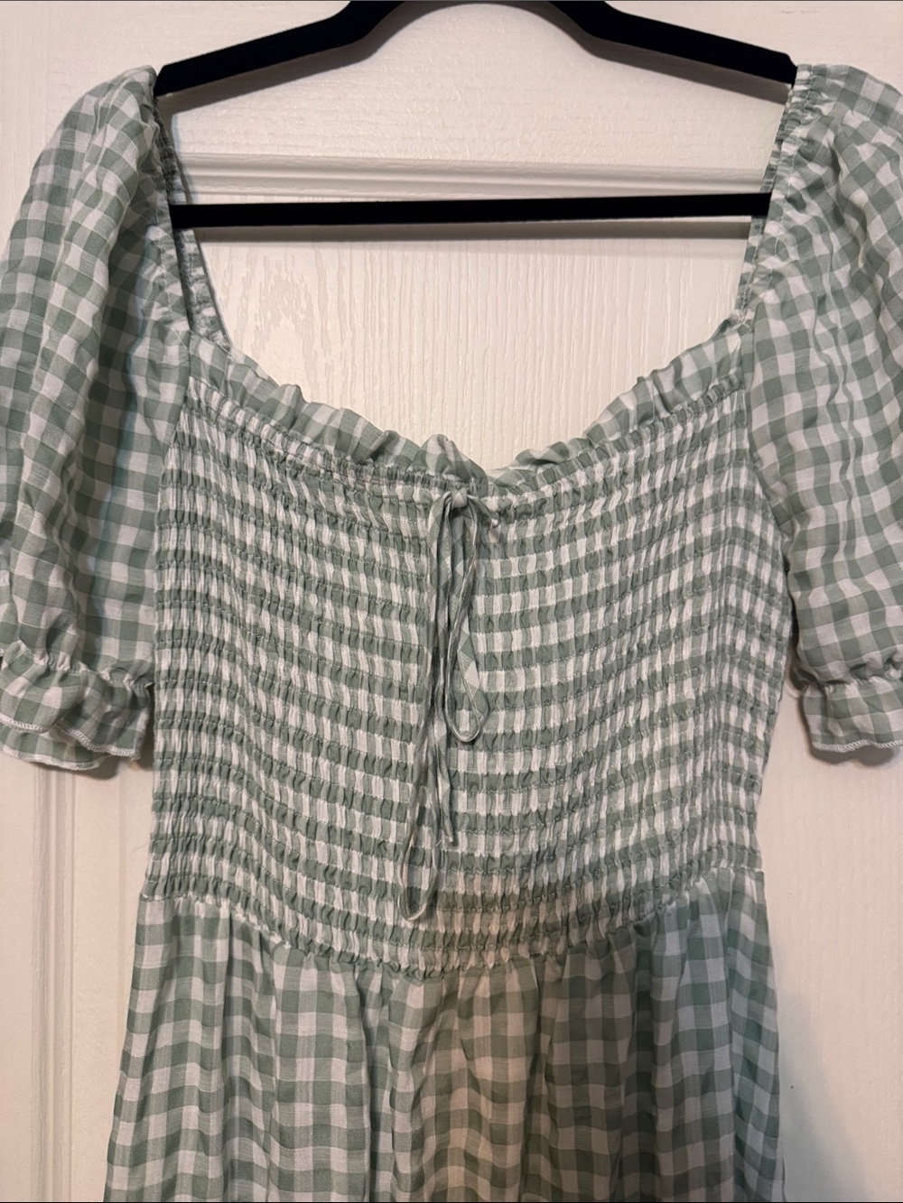 Smocked Gingham Midi Dress in Sage Green - Picture 2 of 6